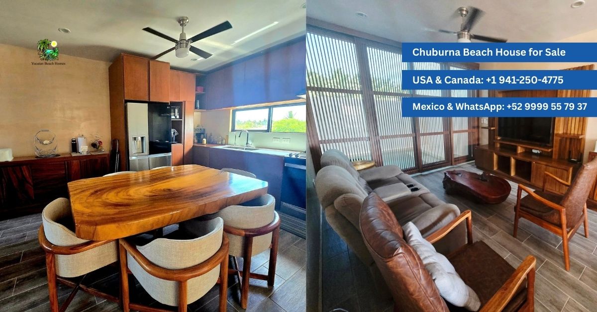 Luxury turn-key Chuburna beach house interiors with solid wood cabinets and fully furnished living area in Yucatán